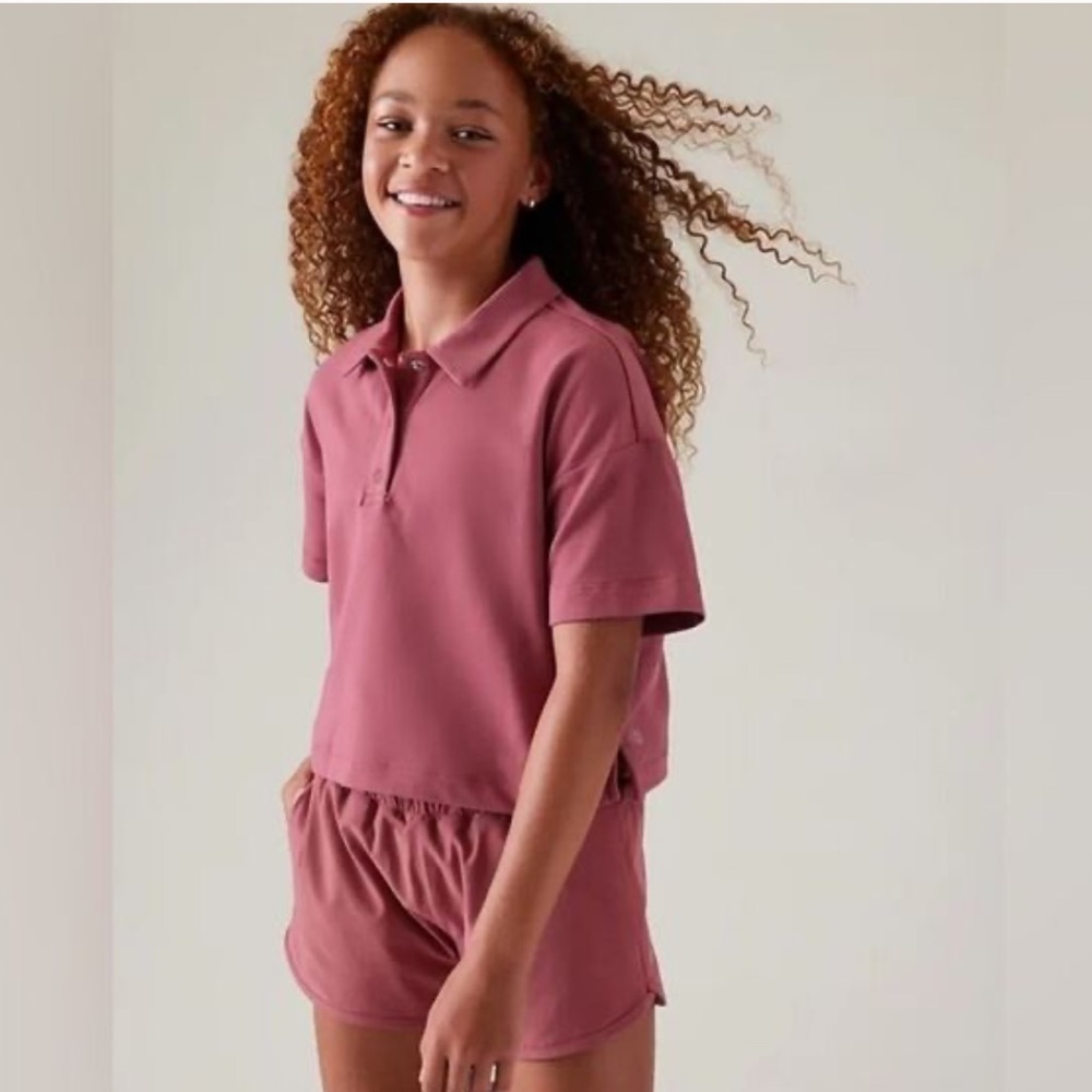 Athleta Girl Retrochill Oversized Short Sleeve Polo Tee Small 7 Berry Cropped